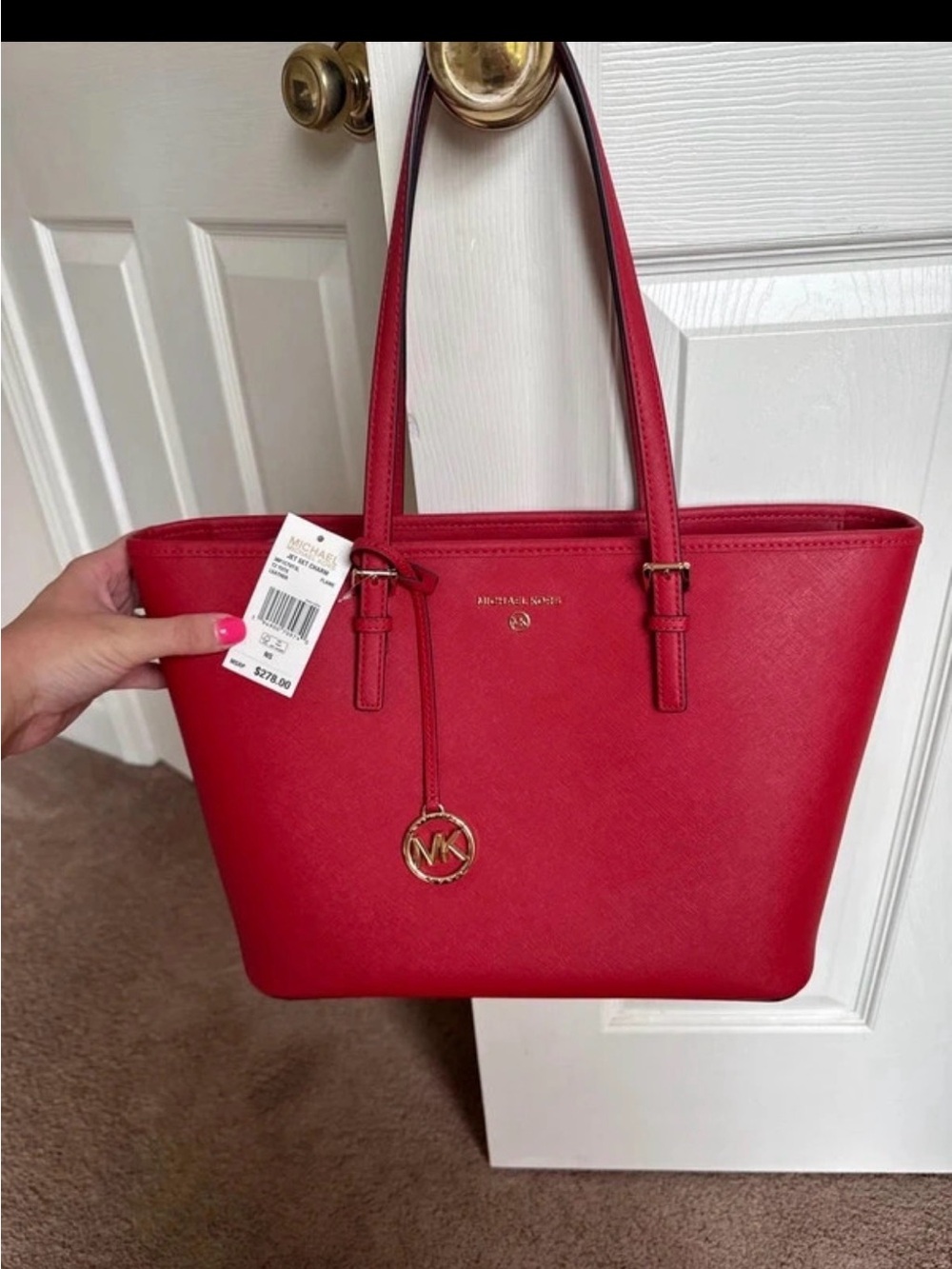Michael Kors Red Saffiano Tote with Gold MK Charm